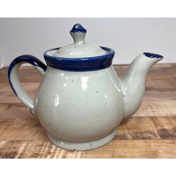 Ceramic Teapot With Lid White With Blue Rim 6-Cup Capacity Handcrafted Pottery S - Picture 3 of 5
